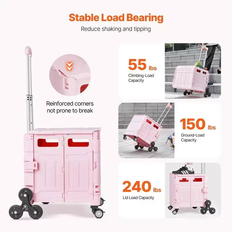 Carrello pieghevole multiuso da 65 litri con ruote per salire le scale e ruote girevoli a 360 gradi, cassa arrotolabile pieghevole per la spesa, l'ufficio e i traslochi, rosa