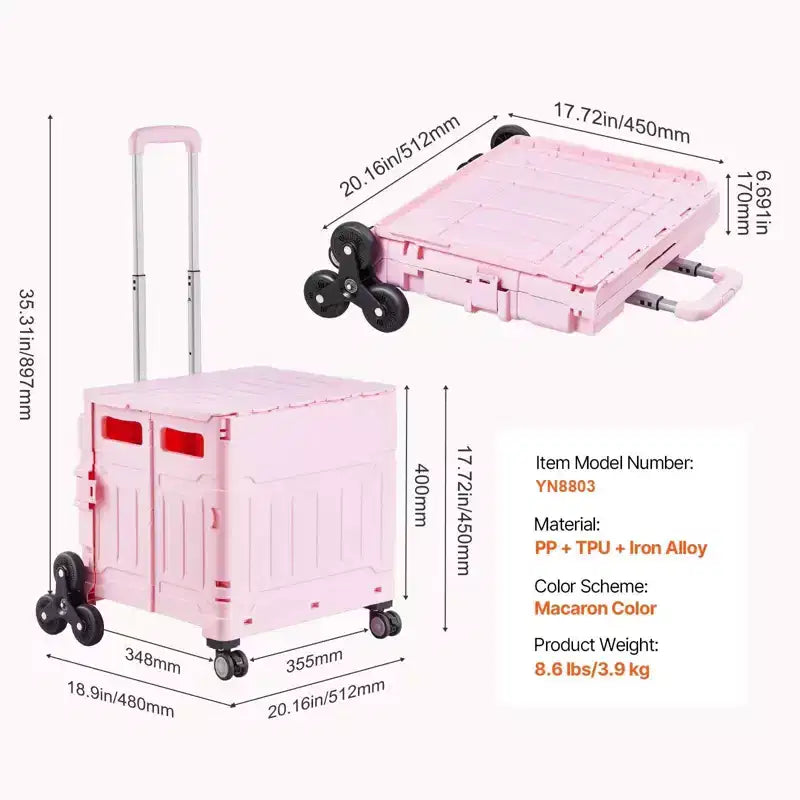 Carrello pieghevole multiuso da 65 litri con ruote per salire le scale e ruote girevoli a 360 gradi, cassa arrotolabile pieghevole per la spesa, l'ufficio e i traslochi, rosa