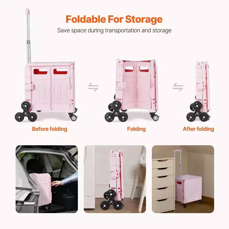 Carrello pieghevole multiuso da 65 litri con ruote per salire le scale e ruote girevoli a 360 gradi, cassa arrotolabile pieghevole per la spesa, l'ufficio e i traslochi, rosa