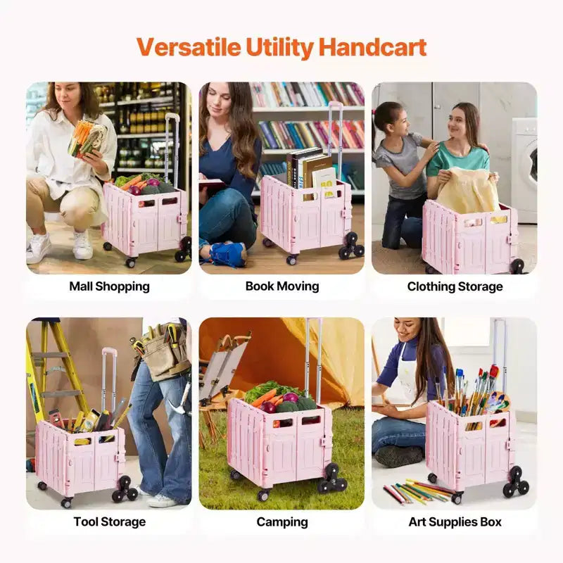 Carrello pieghevole multiuso da 65 litri con ruote per salire le scale e ruote girevoli a 360 gradi, cassa arrotolabile pieghevole per la spesa, l'ufficio e i traslochi, rosa