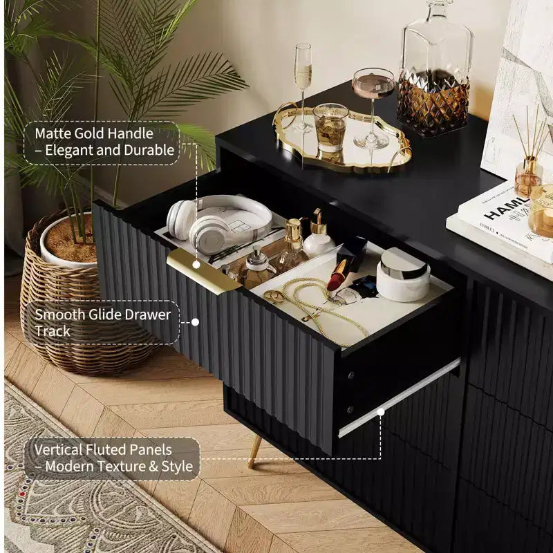 Cassettiera scanalata con 6 cassetti, comò moderno largo 120 cm con maniglie in metallo per camera da letto e soggiorno