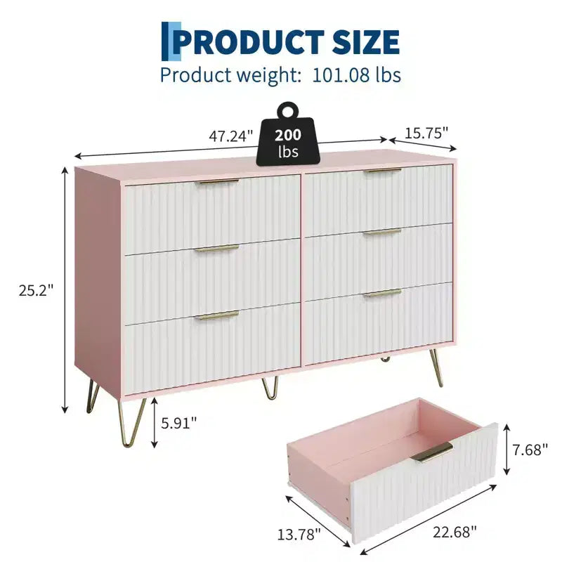 Cassettiera scanalata con 6 cassetti, comò moderno largo 120 cm con maniglie in metallo per camera da letto e soggiorno