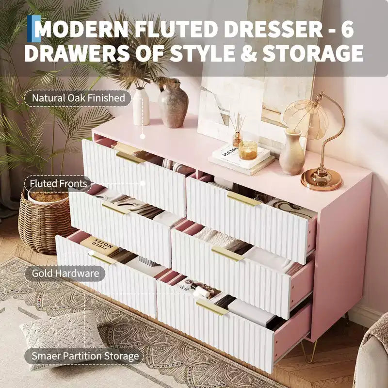 Cassettiera scanalata con 6 cassetti, comò moderno largo 120 cm con maniglie in metallo per camera da letto e soggiorno