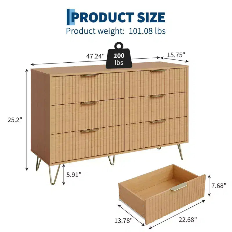 Fluted Dresser with 6 Drawers, 47 Wide Modern Chest with Metal Handles for Bedroom & Living Room
