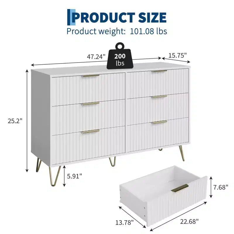 Cassettiera scanalata con 6 cassetti, comò moderno largo 120 cm con maniglie in metallo per camera da letto e soggiorno