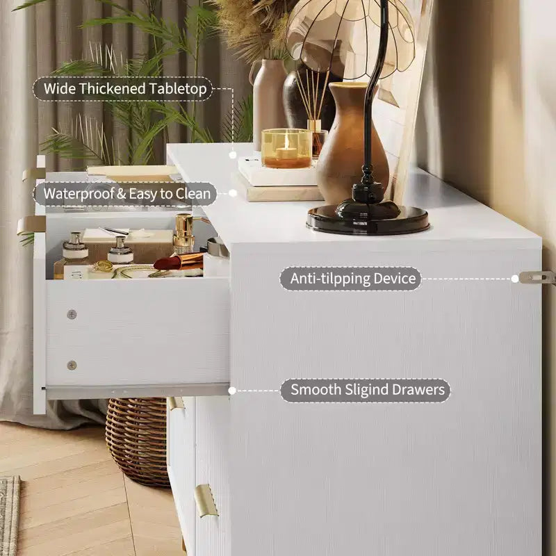 Cassettiera scanalata con 6 cassetti, comò moderno largo 120 cm con maniglie in metallo per camera da letto e soggiorno