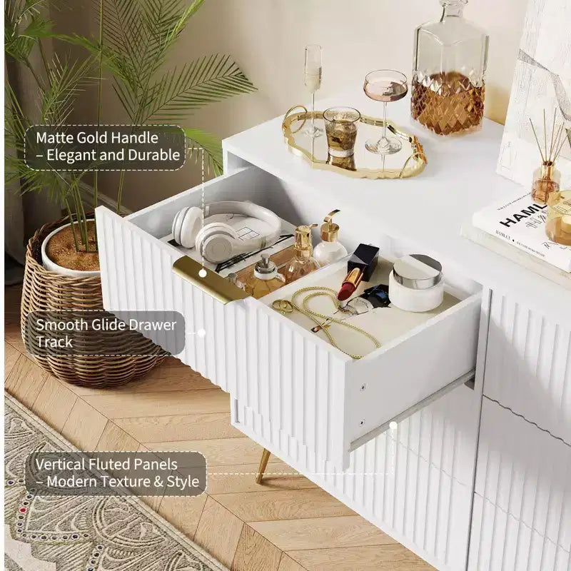 Cassettiera scanalata con 6 cassetti, comò moderno largo 120 cm con maniglie in metallo per camera da letto e soggiorno