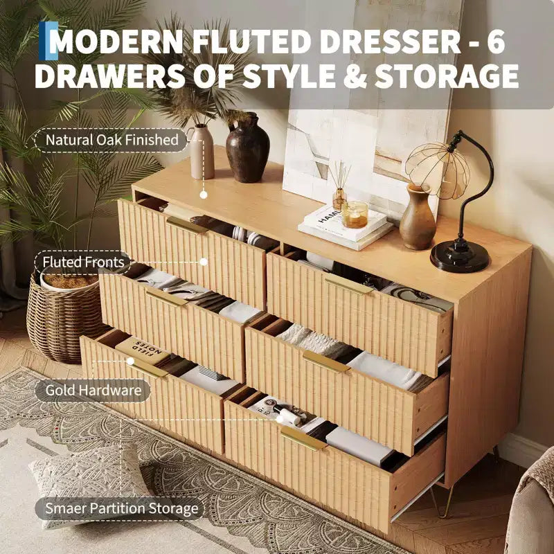 Fluted Dresser with 6 Drawers, 47 Wide Modern Chest with Metal Handles for Bedroom & Living Room