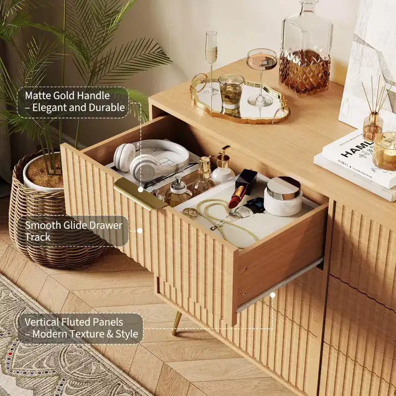 Cassettiera scanalata con 6 cassetti, comò moderno largo 120 cm con maniglie in metallo per camera da letto e soggiorno