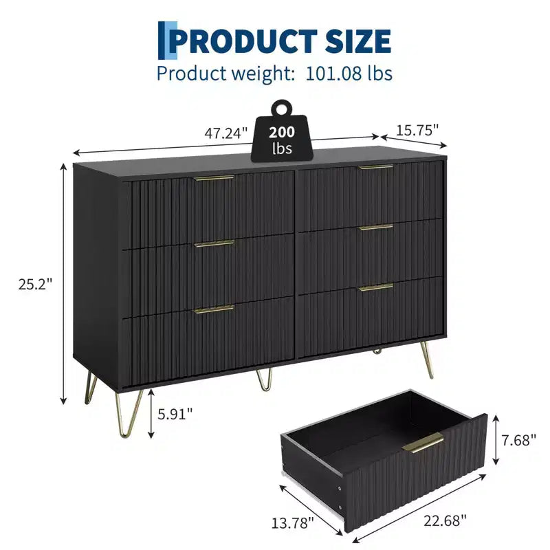 Cassettiera scanalata con 6 cassetti, comò moderno largo 120 cm con maniglie in metallo per camera da letto e soggiorno