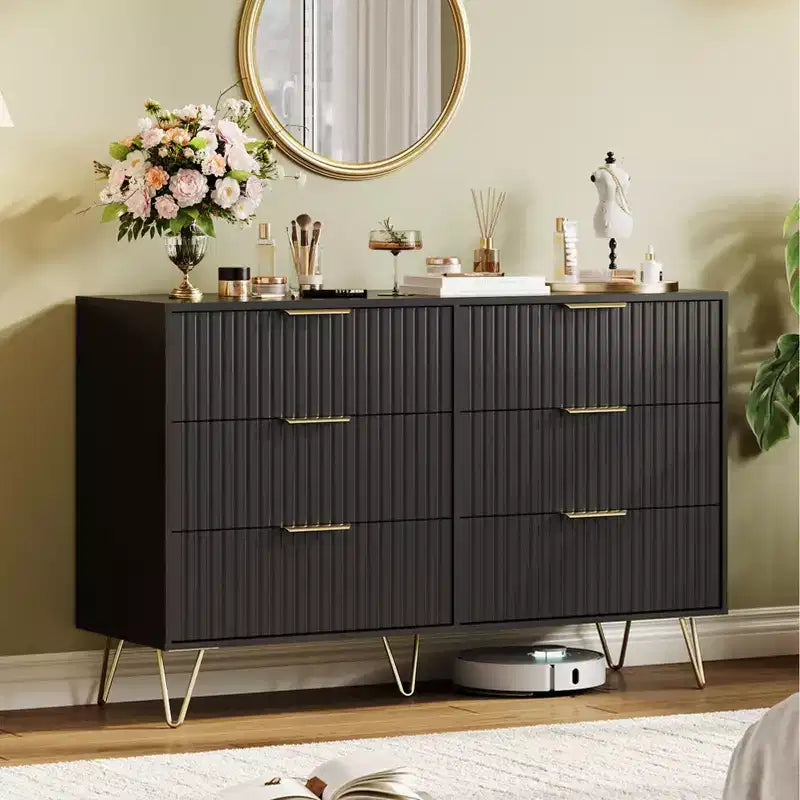 Fluted Dresser with 6 Drawers, 47 Wide Modern Chest with Metal Handles for Bedroom & Living Room
