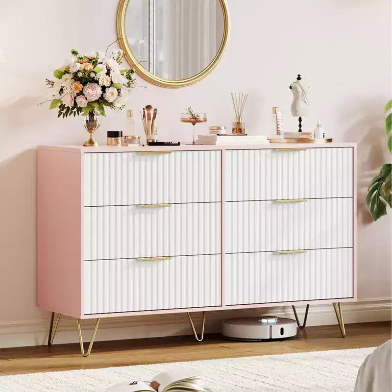 Fluted Dresser with 6 Drawers, 47 Wide Modern Chest with Metal Handles for Bedroom & Living Room