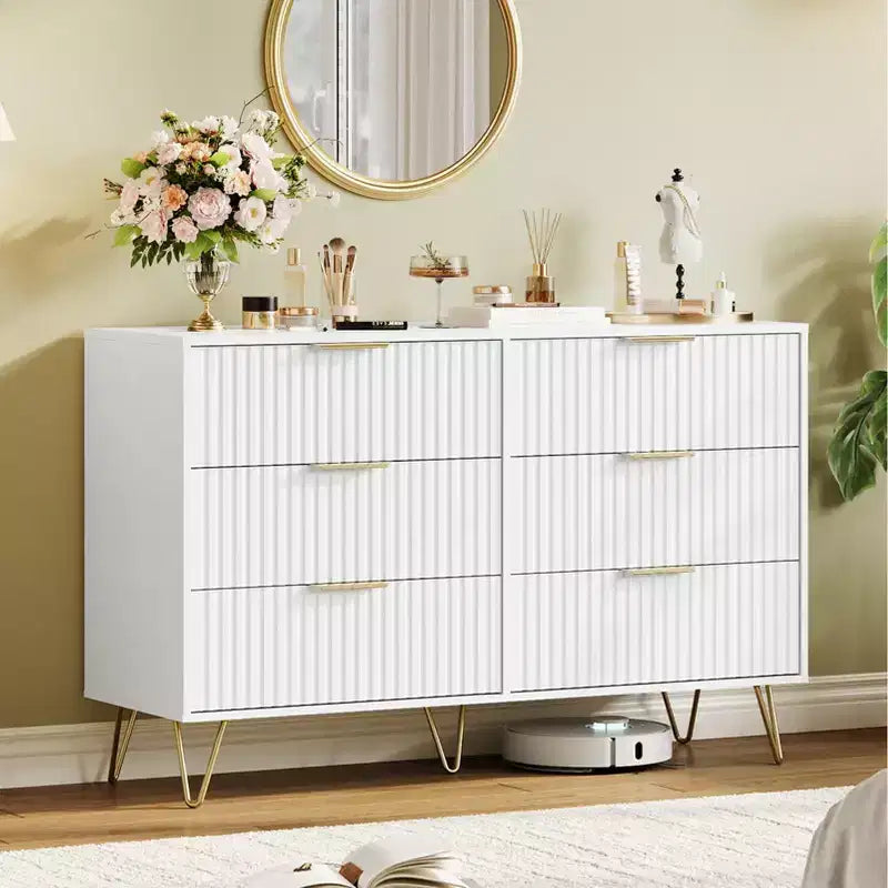 Fluted Dresser with 6 Drawers, 47 Wide Modern Chest with Metal Handles for Bedroom & Living Room