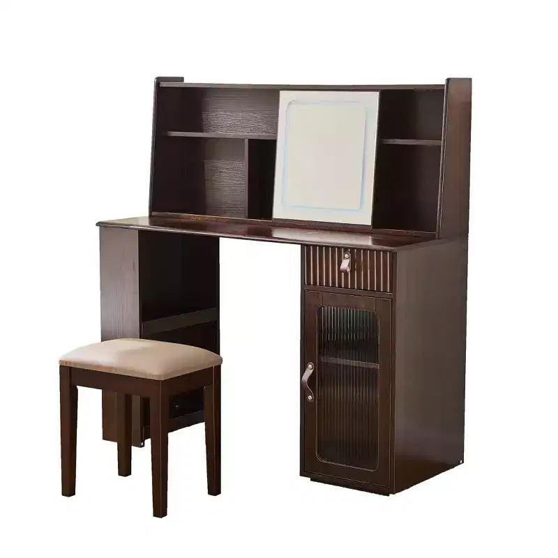 Toeletta con Specchio Scorrevole e Luci a 3 Colori, Scrivania Trucco Finitura Noce con Ripiano a Vista, Cassetto e Armadietto