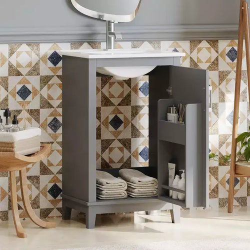 Mobile bagno da 20 pollici con lavabo in ceramica, ante con chiusura ammortizzata e doppio ripiano, mobiletto lavabo singolo grigio per bagni piccoli