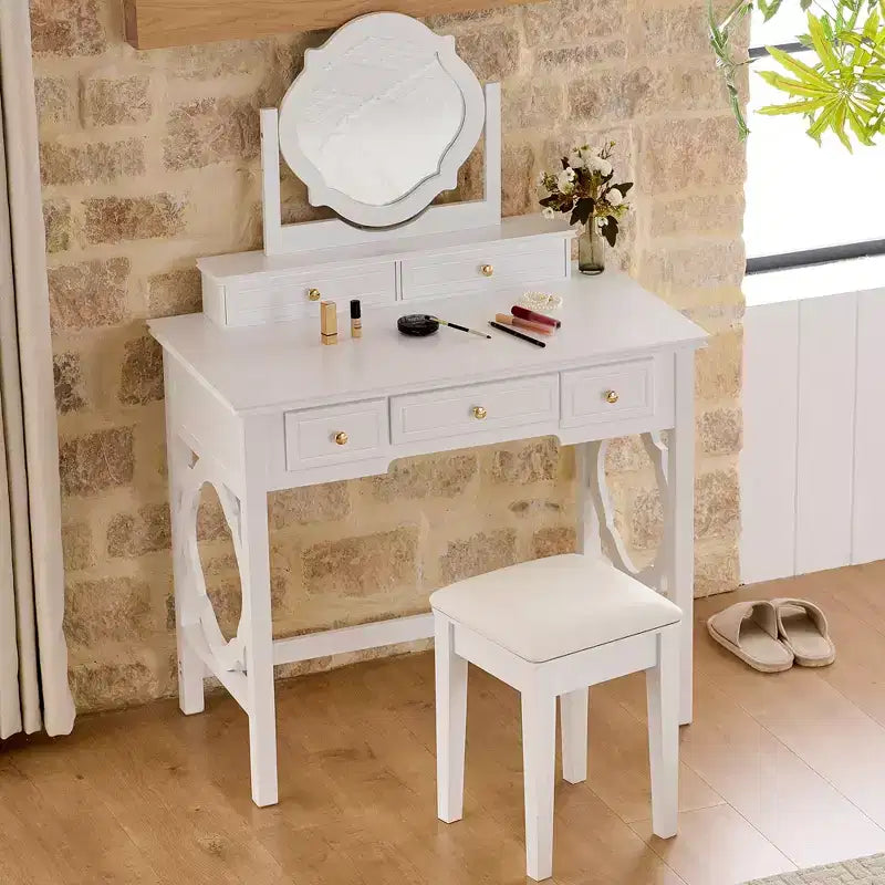 GDFStudio Hailey Makeup Vanity Table with Reversible Mirror, Faux Leather Stool and 5 Drawers