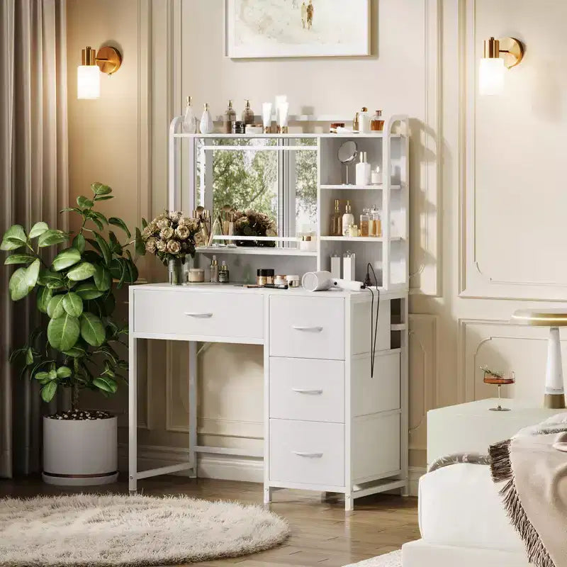 COZONY Toeletta con Specchio, Tavolo da Trucco da 90 cm con Ripiani e 4 Cassetti in Tessuto, Moderna Toeletta per Camera da Letto
