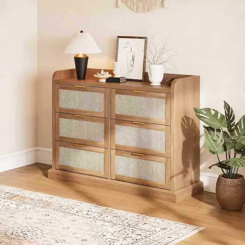 6 Drawer Dresser for Bedroom,Rattan Chest of Dressers,Boho Chest of Drawers,Wooden Dresser Chest,Beside Table for Living Room/Closet/Bedroom