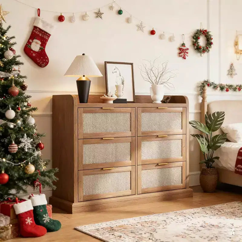 6 Drawer Dresser for Bedroom,Rattan Chest of Dressers,Boho Chest of Drawers,Wooden Dresser Chest,Beside Table for Living Room/Closet/Bedroom