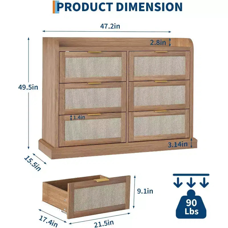 Comò a 6 cassetti per camera da letto, Comò in Rattan, Cassettiera Boho, Cassettiera in Legno, Comodino per Soggiorno/Armadio/Camera da letto