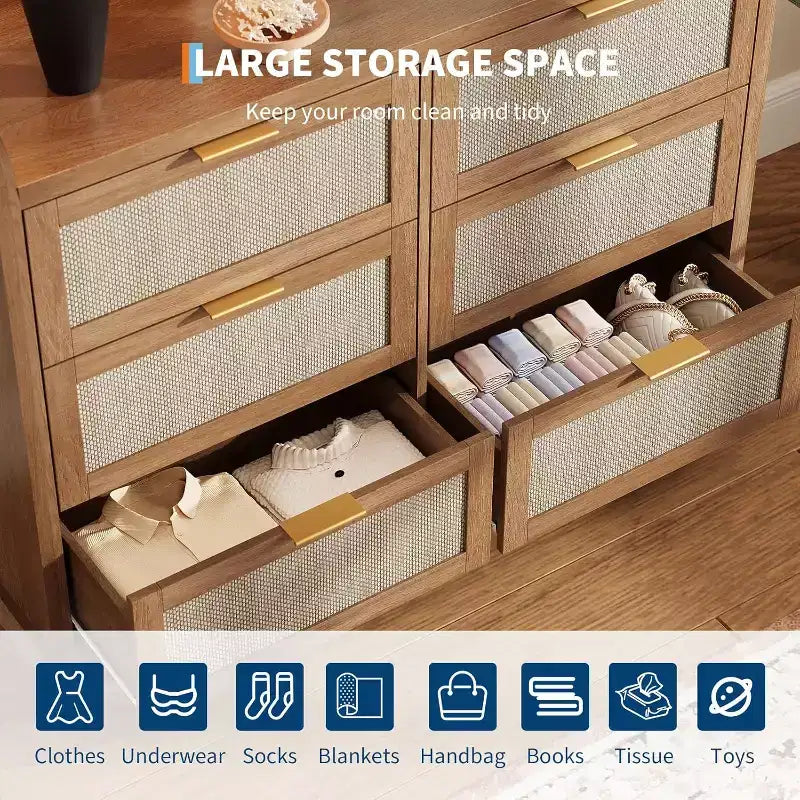 6 Drawer Dresser for Bedroom,Rattan Chest of Dressers,Boho Chest of Drawers,Wooden Dresser Chest,Beside Table for Living Room/Closet/Bedroom