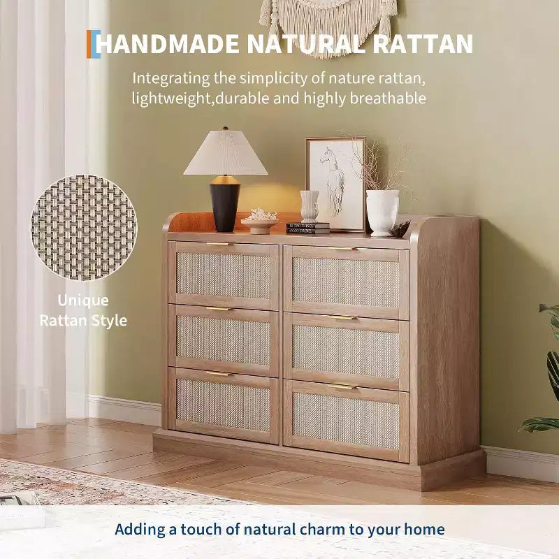Comò a 6 cassetti per camera da letto, Comò in Rattan, Cassettiera Boho, Cassettiera in Legno, Comodino per Soggiorno/Armadio/Camera da letto