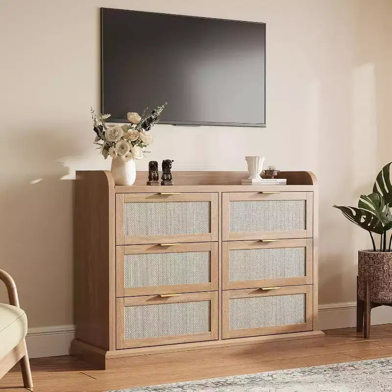 Comò a 6 cassetti per camera da letto, Comò in Rattan, Cassettiera Boho, Cassettiera in Legno, Comodino per Soggiorno/Armadio/Camera da letto
