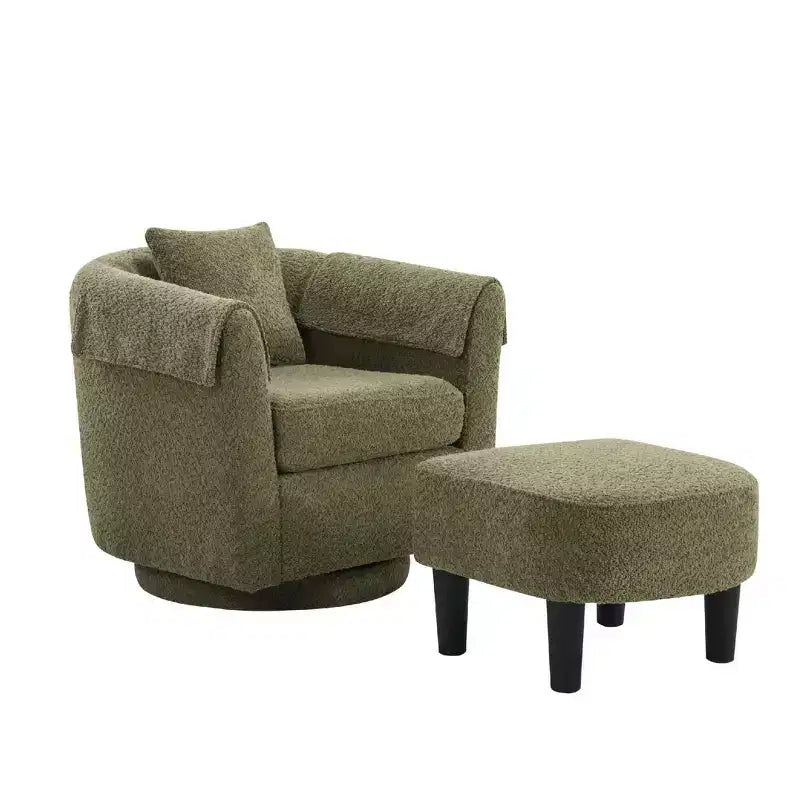 Set poltrona girevole moderna Okak con pouf, poltrone a barilotto in ciniglia con cuscino schienale rimovibile e 2 copribraccioli, sedia da lettura