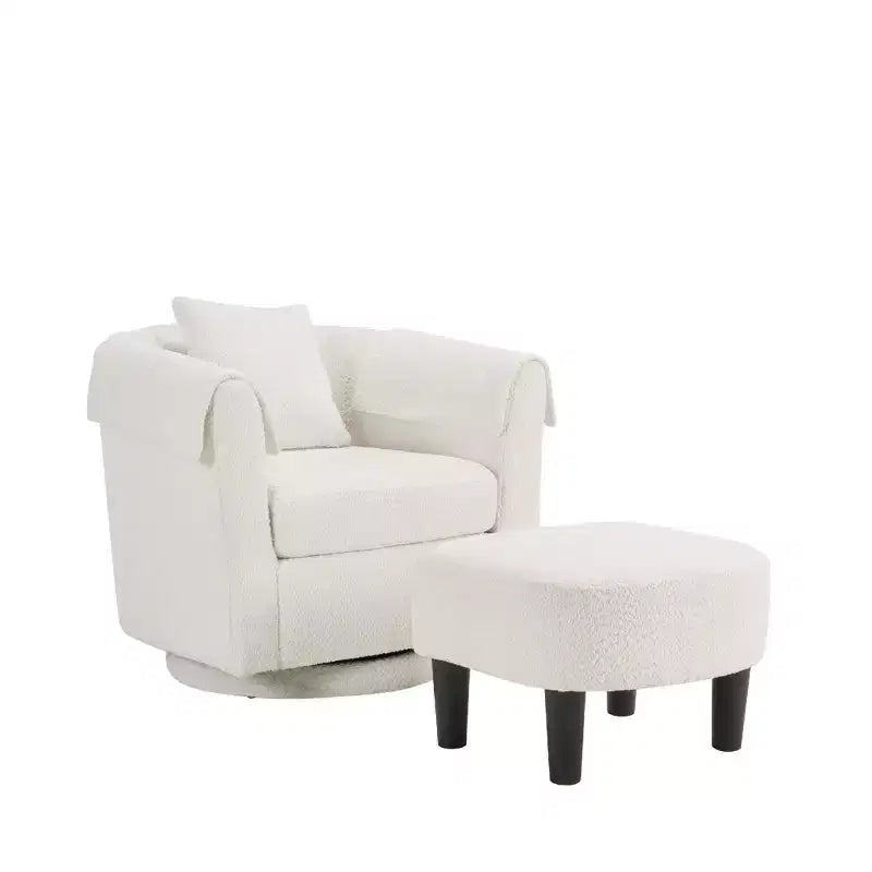 Set poltrona girevole moderna Okak con pouf, poltrone a barilotto in ciniglia con cuscino schienale rimovibile e 2 copribraccioli, sedia da lettura