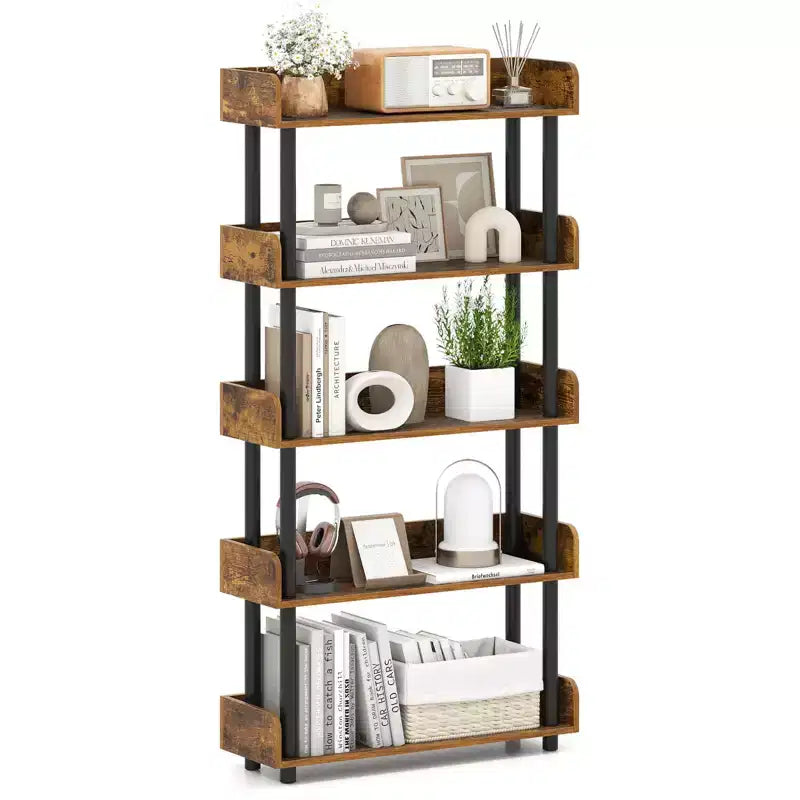 1/2 PCS 5-Tier Bookshelf, Open Bookcase with Anti-Tipping Kit, Storage Unit for Living Room Black/Rustic Brown & Black
