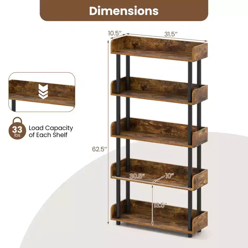 1/2 PCS 5-Tier Bookshelf, Open Bookcase with Anti-Tipping Kit, Storage Unit for Living Room Black/Rustic Brown & Black