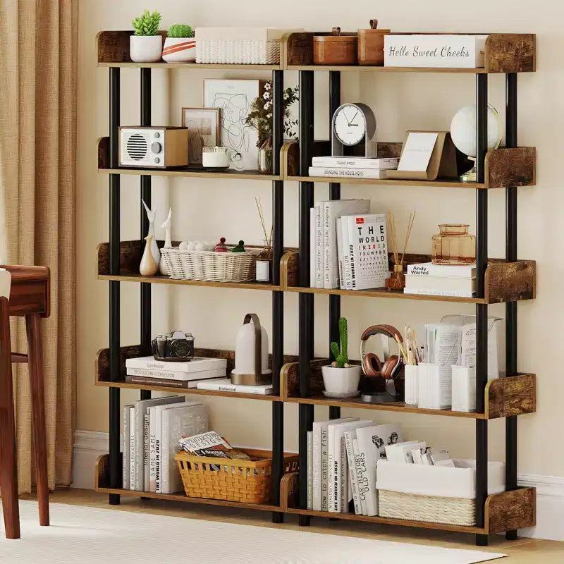 1/2 PCS 5-Tier Bookshelf, Open Bookcase with Anti-Tipping Kit, Storage Unit for Living Room Black/Rustic Brown & Black