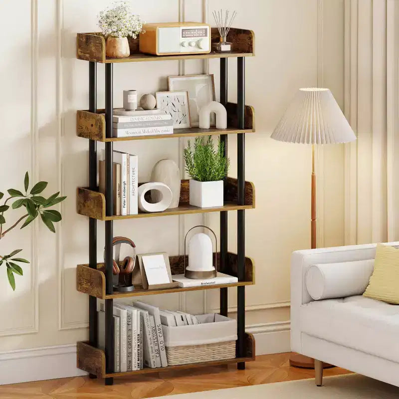 1/2 PCS 5-Tier Bookshelf, Open Bookcase with Anti-Tipping Kit, Storage Unit for Living Room Black/Rustic Brown & Black