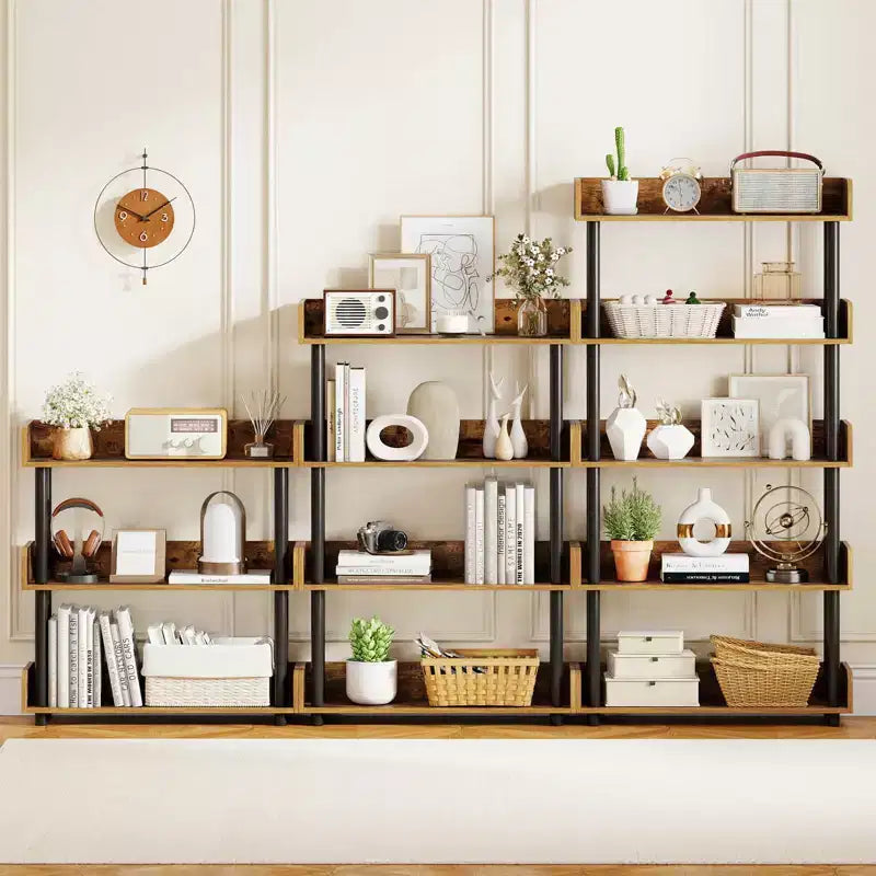 1/2 PCS 5-Tier Bookshelf, Open Bookcase with Anti-Tipping Kit, Storage Unit for Living Room Black/Rustic Brown & Black