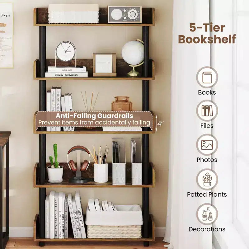 1/2 PCS 5-Tier Bookshelf, Open Bookcase with Anti-Tipping Kit, Storage Unit for Living Room Black/Rustic Brown & Black