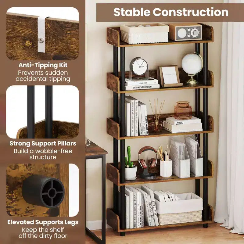 1/2 PCS 5-Tier Bookshelf, Open Bookcase with Anti-Tipping Kit, Storage Unit for Living Room Black/Rustic Brown & Black