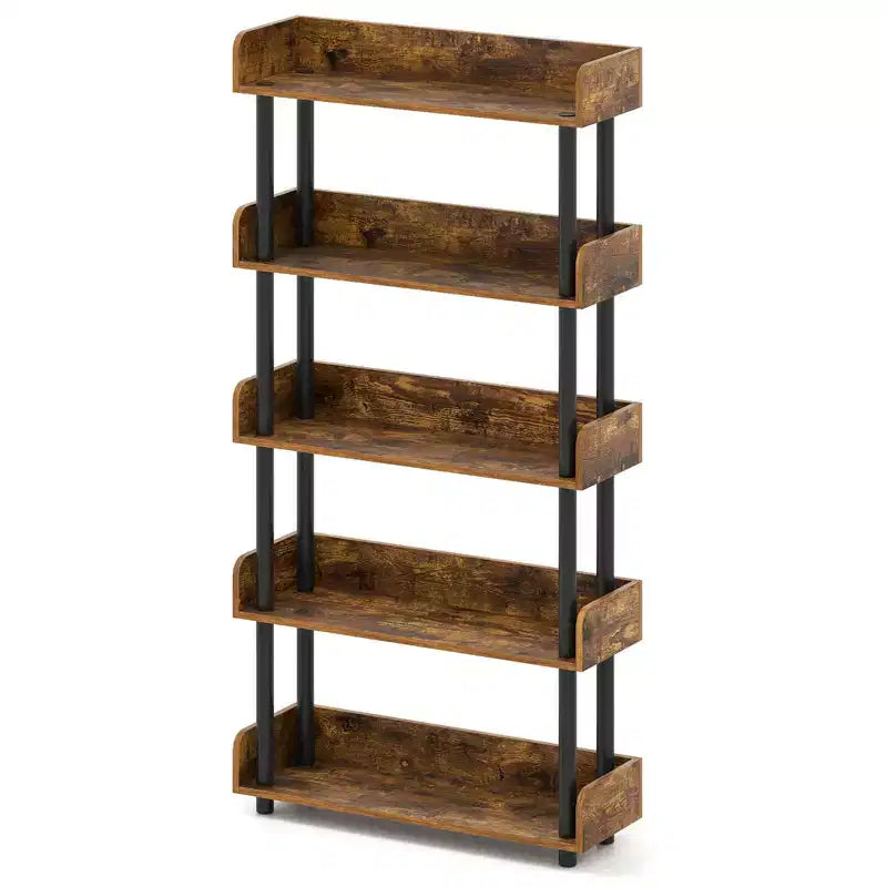 1/2 PCS 5-Tier Bookshelf, Open Bookcase with Anti-Tipping Kit, Storage Unit for Living Room Black/Rustic Brown & Black