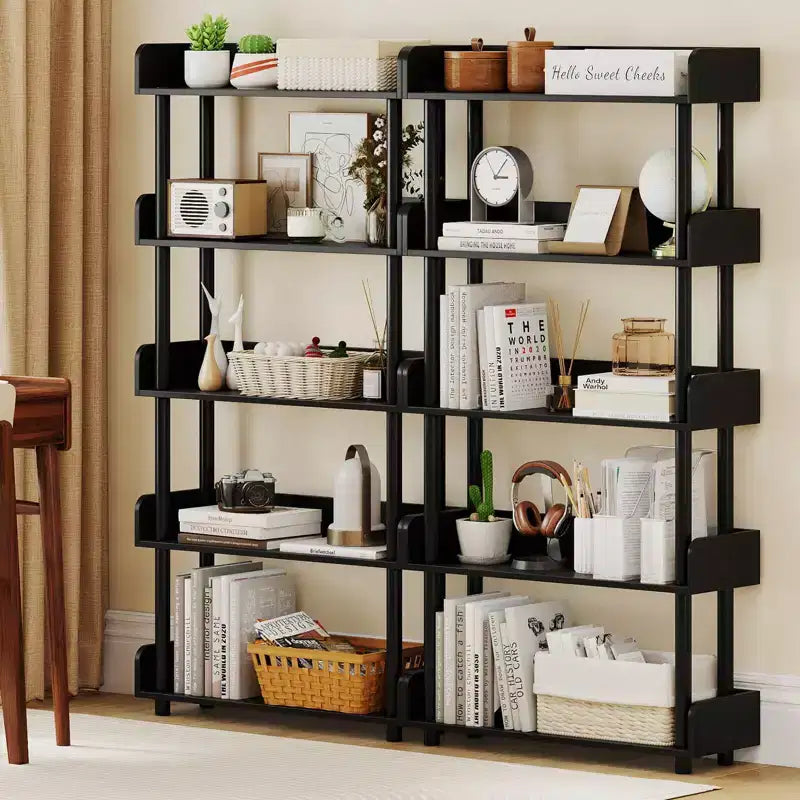 1/2 PCS 5-Tier Bookshelf, Open Bookcase with Anti-Tipping Kit, Storage Unit for Living Room Black/Rustic Brown & Black