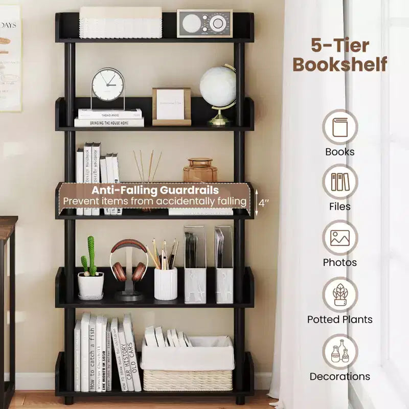 1/2 PCS 5-Tier Bookshelf, Open Bookcase with Anti-Tipping Kit, Storage Unit for Living Room Black/Rustic Brown & Black