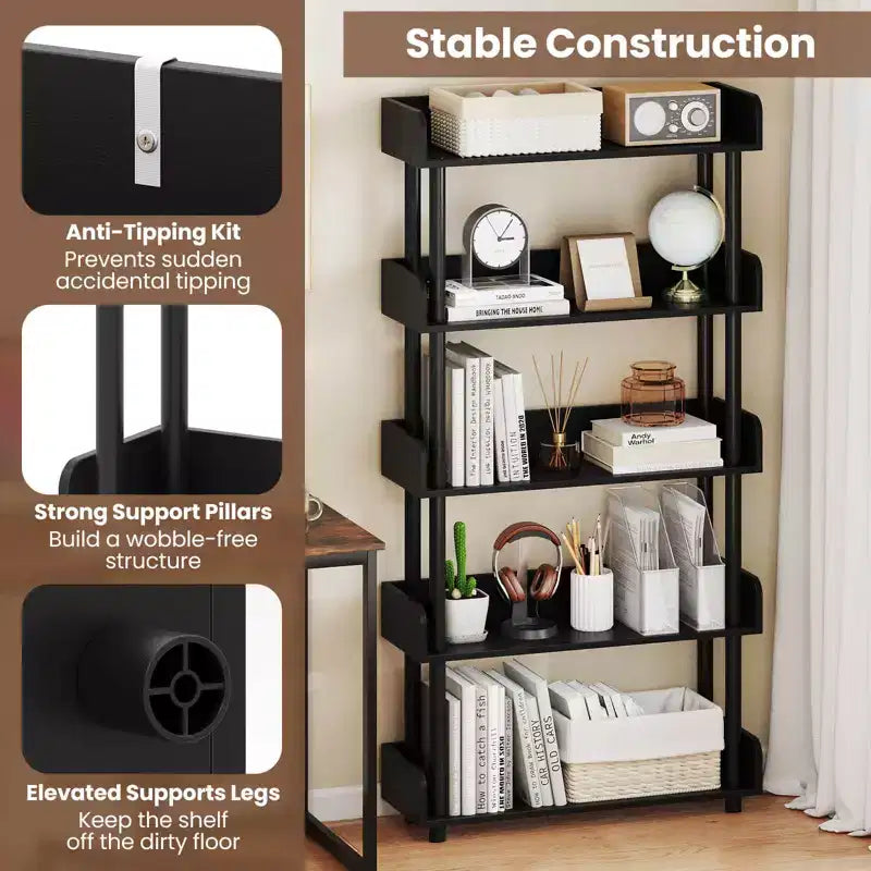 1/2 PCS 5-Tier Bookshelf, Open Bookcase with Anti-Tipping Kit, Storage Unit for Living Room Black/Rustic Brown & Black