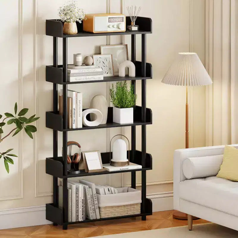 Costway 1/2 PCS 5-Tier Bookshelf, Open Bookcase with Anti-Tipping Kit, Storage Unit for Living Room Black/Rustic Brown & Black