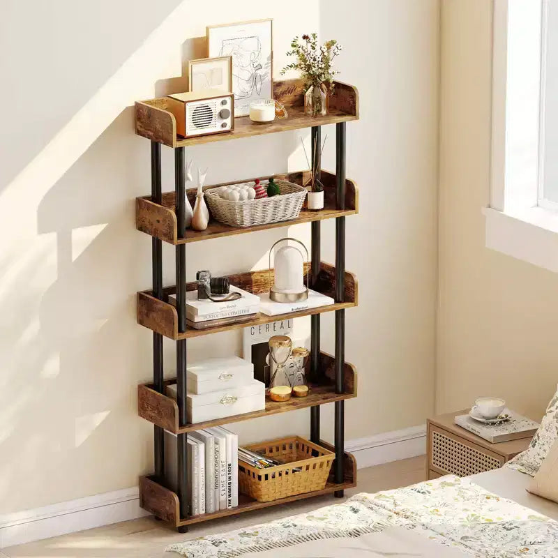 1/2 PCS 5-Tier Bookshelf, Open Bookcase with Anti-Tipping Kit, Storage Unit for Living Room Black/Rustic Brown & Black