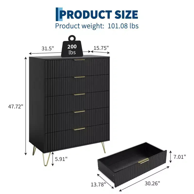 Fluted Dresser with 5 Drawers, 32 Wide Modern Chest of Wooden Drawers with Metal Handle, Storage Organizer for Living Room Bedroom Hallway
