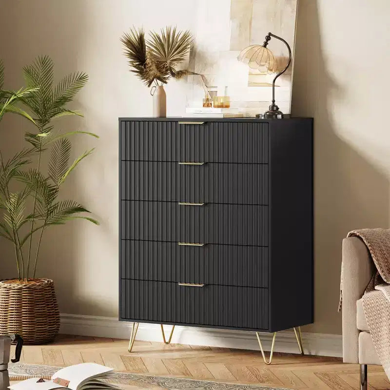 Fluted Dresser with 5 Drawers, 32 Wide Modern Chest of Wooden Drawers with Metal Handle, Storage Organizer for Living Room Bedroom Hallway