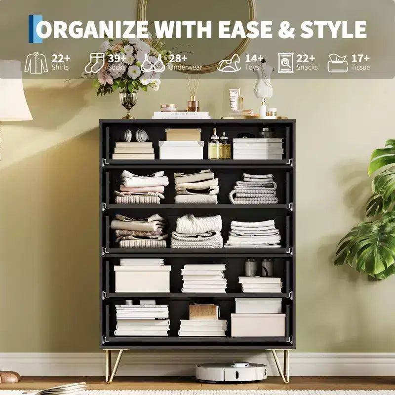 Fluted Dresser with 5 Drawers, 32 Wide Modern Chest of Wooden Drawers with Metal Handle, Storage Organizer for Living Room Bedroom Hallway