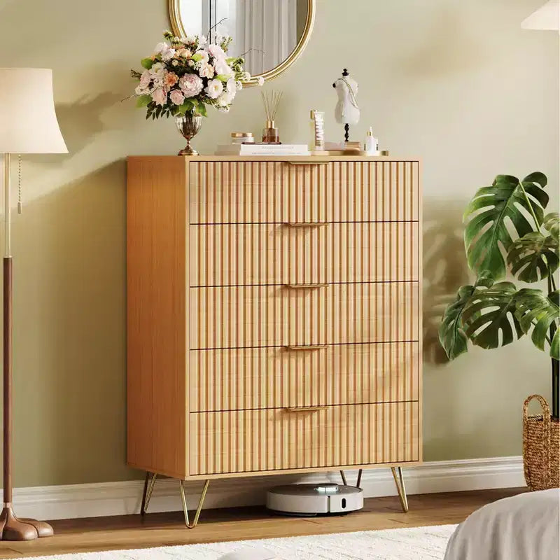 Fluted Dresser with 5 Drawers, 32 Wide Modern Chest of Wooden Drawers with Metal Handle, Storage Organizer for Living Room Bedroom Hallway