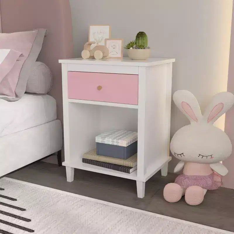 26.77''H Wooden Nightstand with One Drawer One Shelf for Kids, Adults, Pink+Golden handle