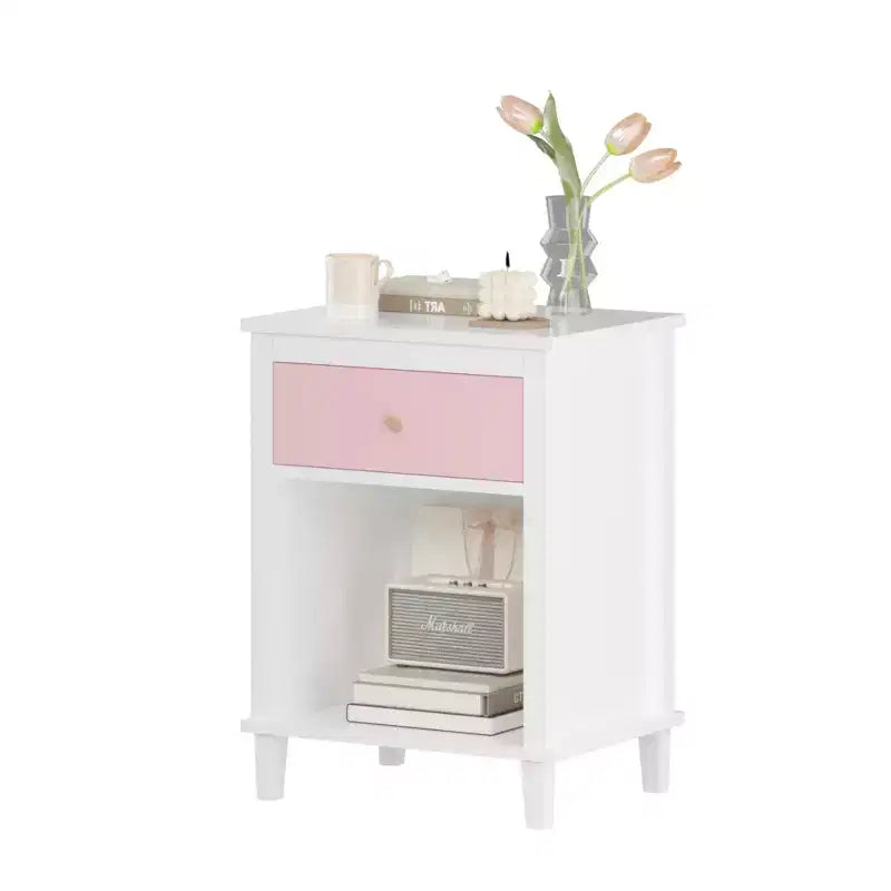 26.77''H Wooden Nightstand with One Drawer One Shelf for Kids, Adults, Pink+Golden handle