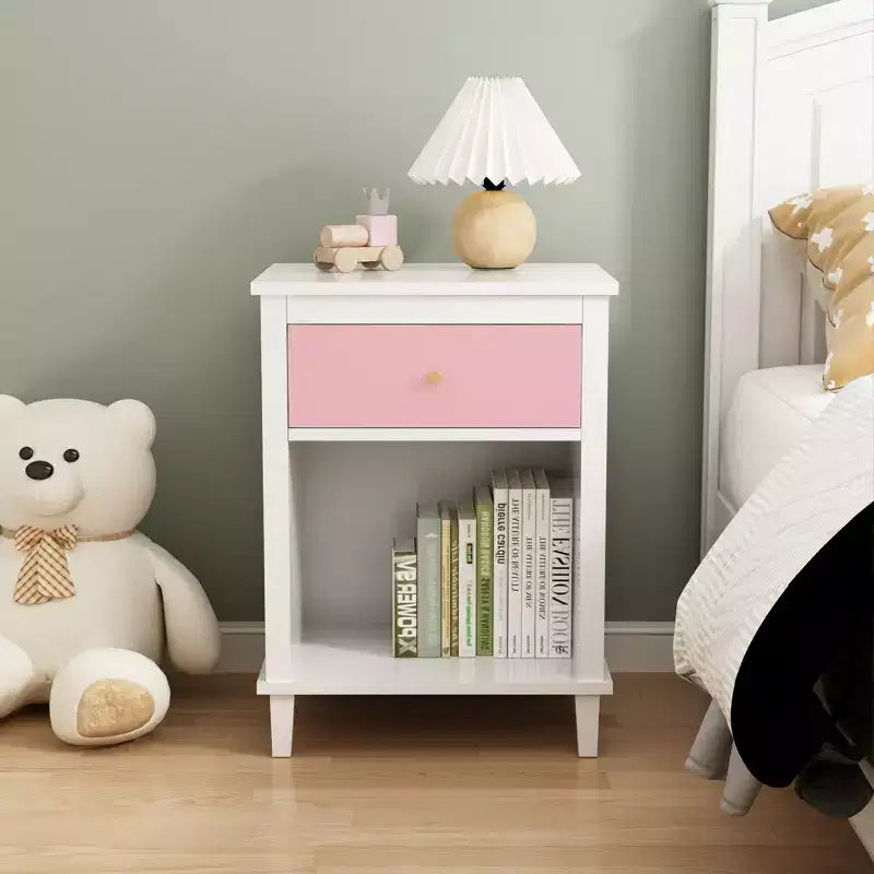 26.77''H Wooden Nightstand with One Drawer One Shelf for Kids, Adults, Pink+Golden handle