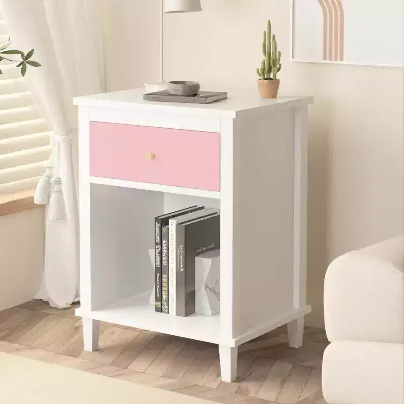 26.77''H Wooden Nightstand with One Drawer One Shelf for Kids, Adults, Pink+Golden handle